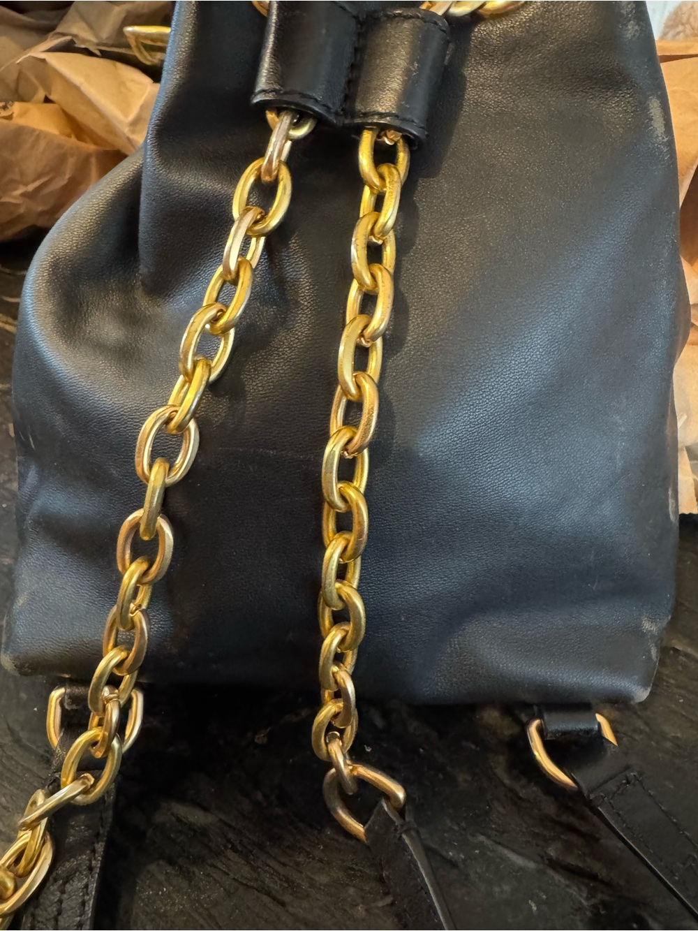 Tory Burch Black Leather Mini Drawstring Bucket Bag with Gold Chain - Picture 10 of 13